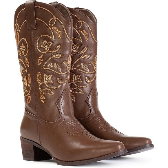 Iuv Cowboy Women Mid Calf Boote Brown Brown Not Water Resistant Pointy Toe - Picture 8 of 8
